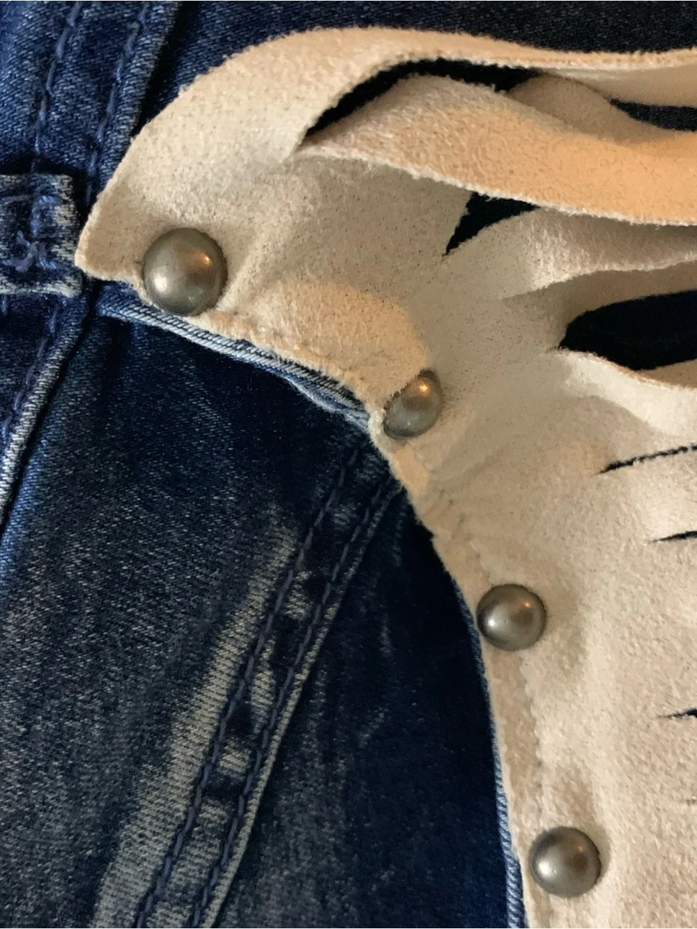 Crazy Train Dark Blue Denim Jean Shorts with Cream Fringe